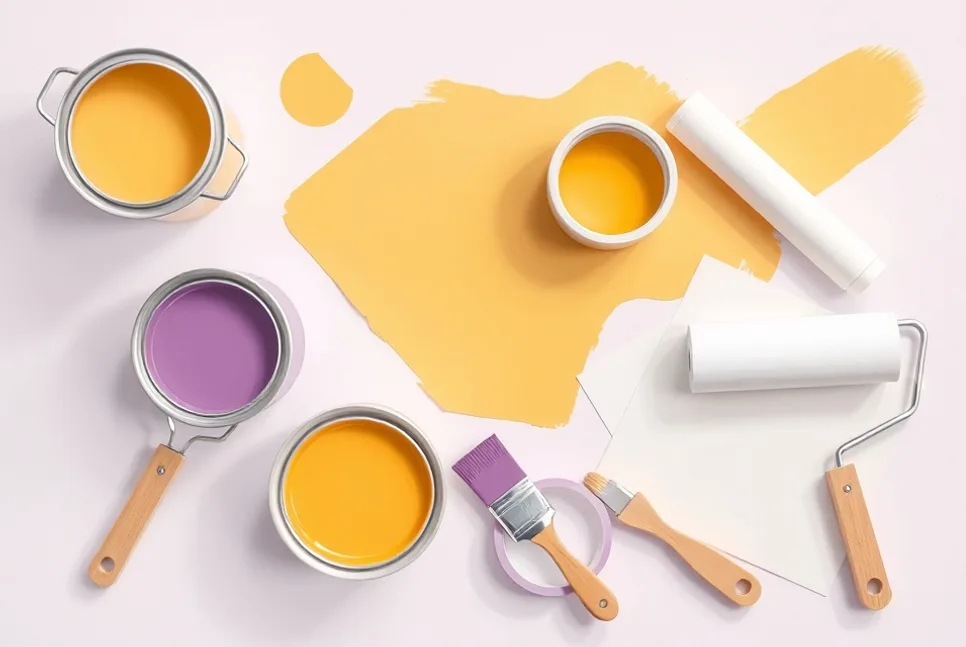 Pots de peinture, nuancier, brosses et rouleaux disposés à plat
