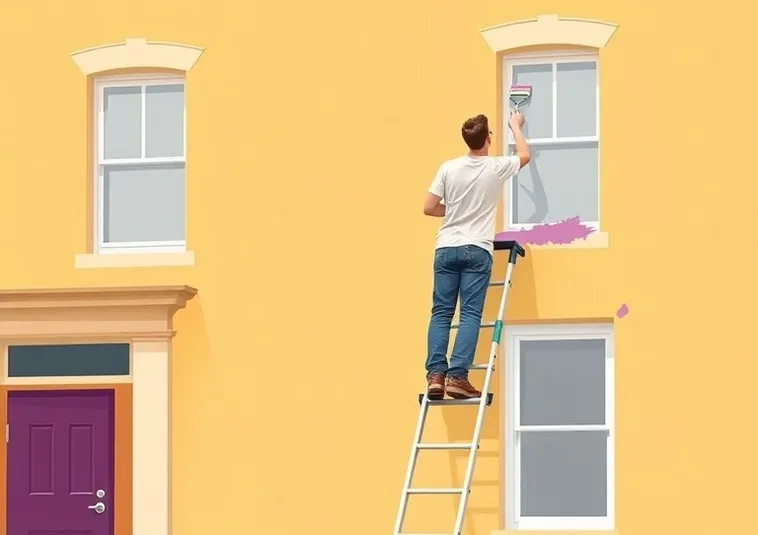 Peintre sur échafaudage traitant la façade d'une maison
