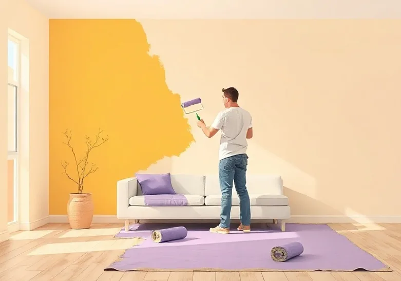 Peintre appliquant la peinture au rouleau sur un mur de salon